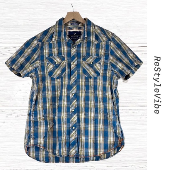 AMERICAN EAGLE Men’s Size L Shirt Plaid Western Pearl Snap Vintage Fit Cotton - Picture 1 of 14